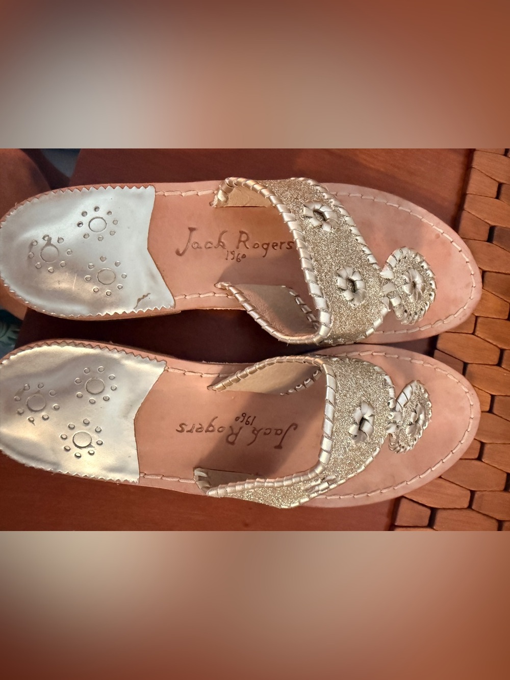 Jack Rogers Gold Beaded Leather Slide Sandals